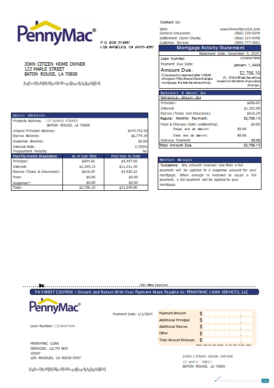 Download USA California Pennymac Loan Services mortgage statement scr Photoshop template